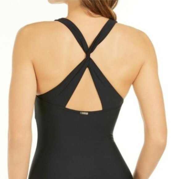 NWT! DKNY Black Mesh Inset Crossback One Piece Swimsuit NEW! - Picture 3 of 5